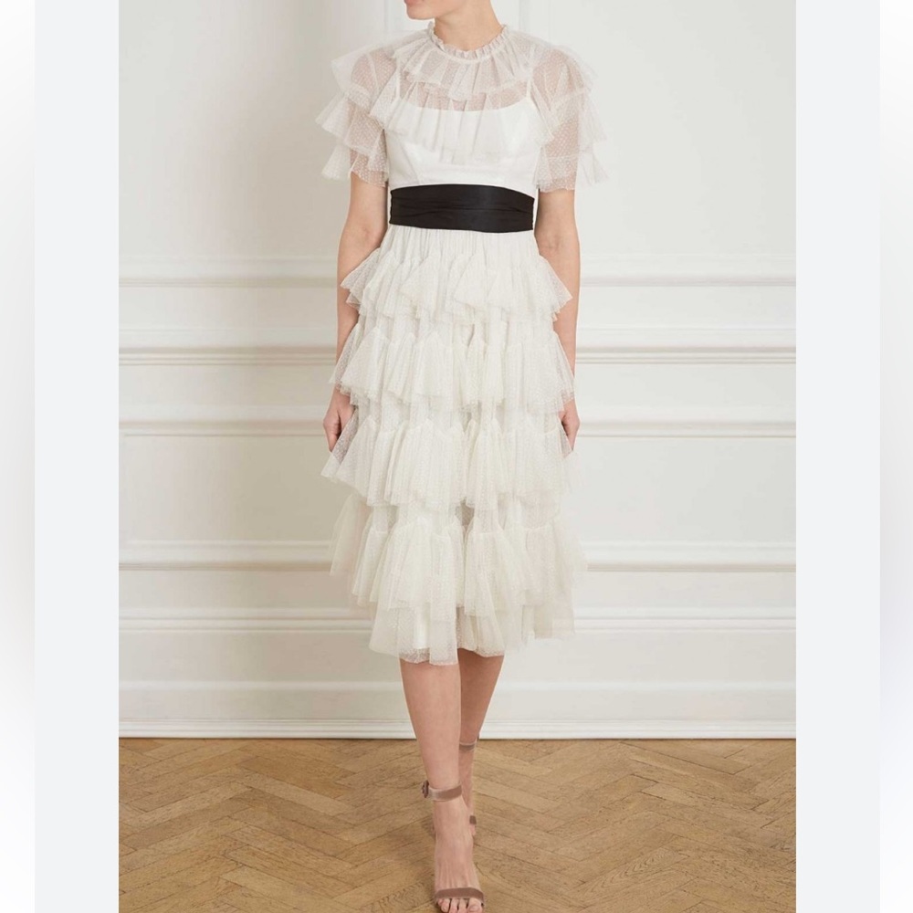 Needle & Thread Scallop Tulle and Lace Midi Dress in White with Black Bow Sz 6